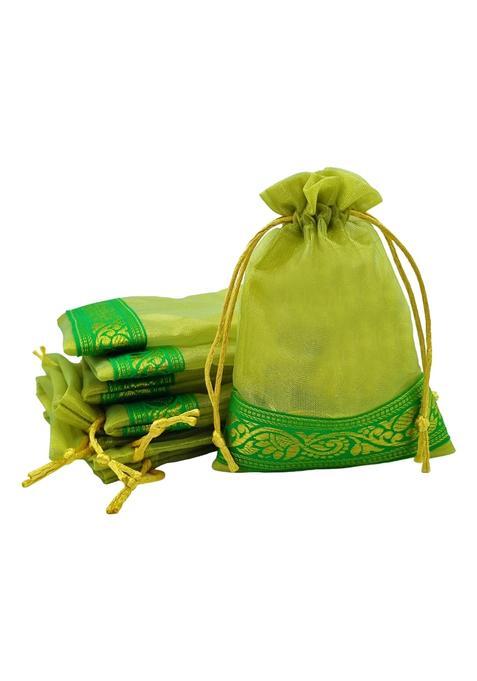 Soul Artisan Potli Drawstring Bag Green Tissue Silk Green with Zari Border for Return Gifts Wedding Pack of 30