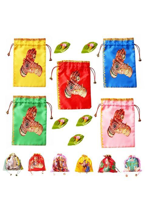 SAI Praseeda 20 X 25 CM Drawstring Closure Potli Bags with Leaf and Haldi Kumkum Pouches Sets for Pooja