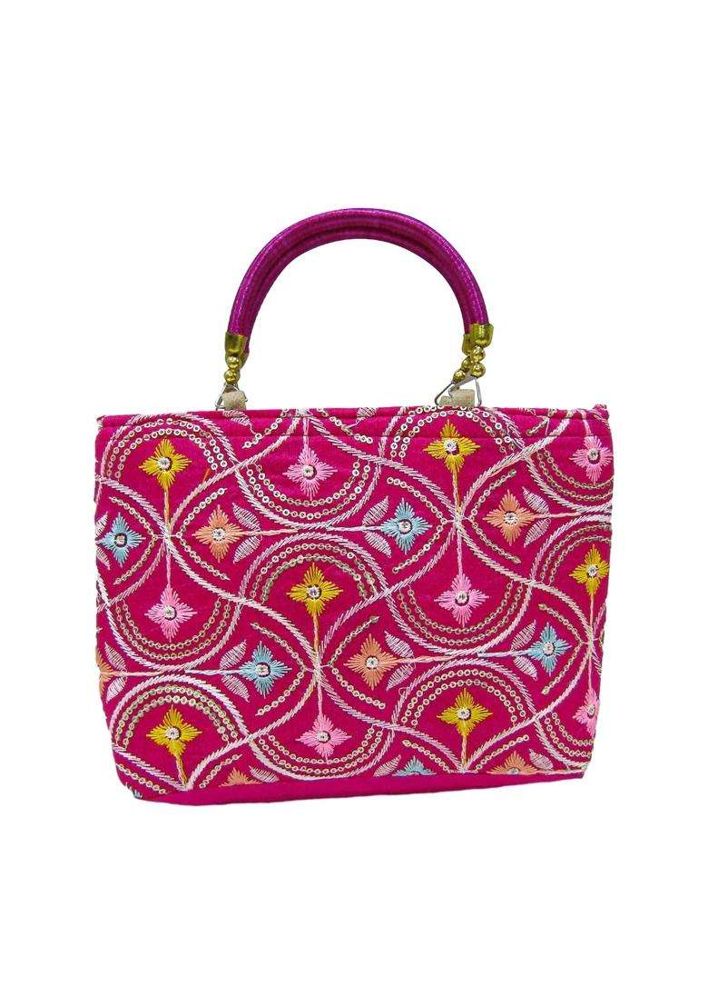 Purple Pink Embroidery Purses for Wedding Return Gift Women Wholesale Bridal Giveaways Potli Bag with Zipper - Indya