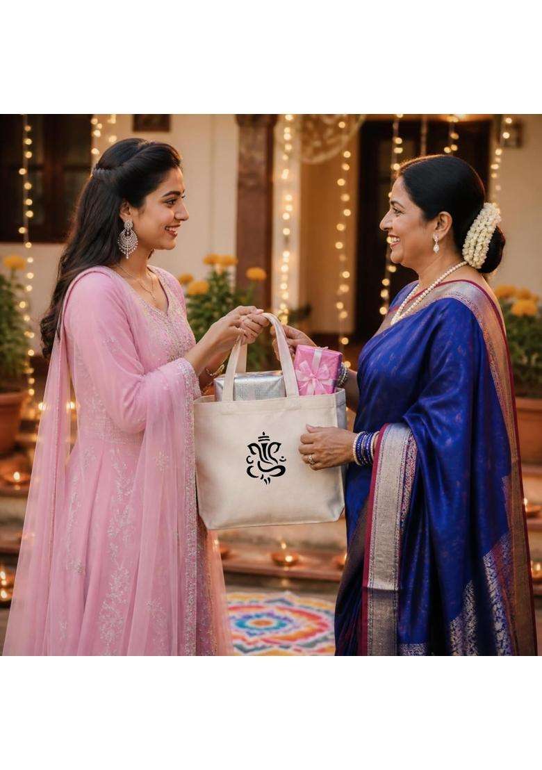 Premahs Cotton Thamboolam Bags with Ganesha Print Eco Friendly Return Gift Bags for Wedding Pack of 10 - Indya