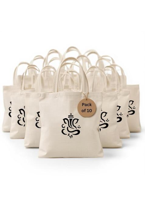 Premahs Cotton Thamboolam Bags with Ganesha Print Eco Friendly Return Gift Bags for Wedding Pack of 10