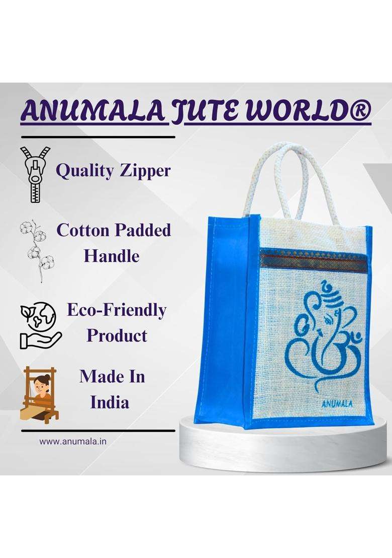 Anumala Jute World Premium Thamboolam Ganesh Kolam Art White Jute Return Gift Bags - Indya