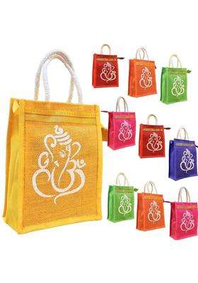 Prakriti Maitri Jute Bags for Party Favors Ganesha and Kolam Print Return Gift Jute Bag Pack of 10