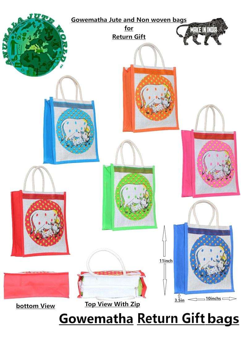 Anumala Jute World Premium Thamboolam Gomata Cow Print Return Gift Bags Pack of 12 - Indya