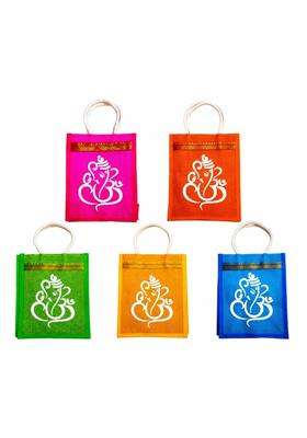 Anumala Jute World Ganesh Kolam Art Printed Jute Bag 100 Percent Natural Jute with Bio Plastic Pack of 12