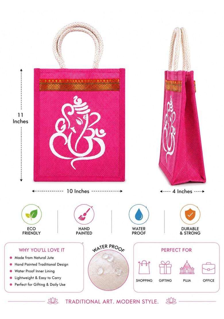 Anumala Jute World Ganesh Kolam Art Printed Jute Bag 100 Percent Natural Jute with Bio Plastic Pack of 12 - Indya