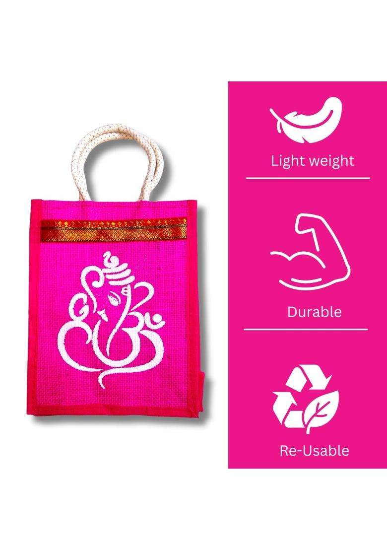 Anumala Jute World Ganesh Kolam Art Printed Jute Bag 100 Percent Natural Jute with Bio Plastic Pack of 12 - Indya