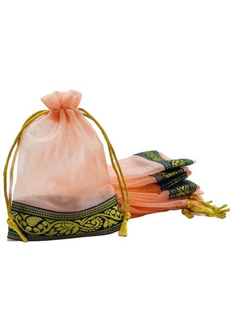 Navira FABS Potli Drawstring Bags Pink Tissue Silk Blue Border 12 X 18 CM for Return Gifts Wedding Pack of 20