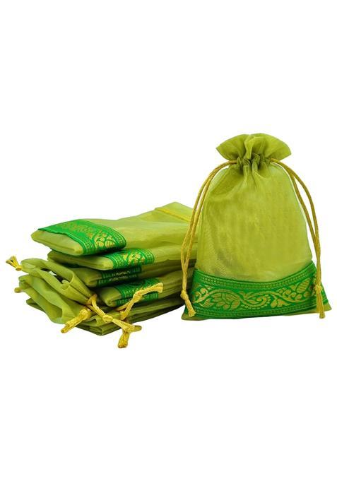 Soul Artisan Potli Drawstring Bag Green Tissue Silk with Green Zari Border for Return Gifts Wedding Pack of 30