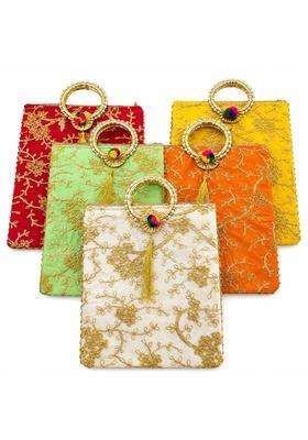 Premium Ethnic Return Gift Bags with Golden Embroidery and Pearl Ring Handles Silk Multicolour Potli Pouch