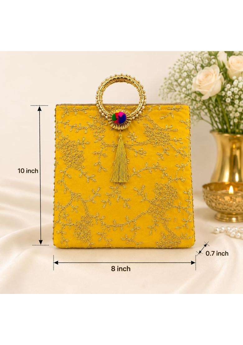 Premium Ethnic Return Gift Bags with Golden Embroidery and Pearl Ring Handles Silk Multicolour Potli Pouch - Indya