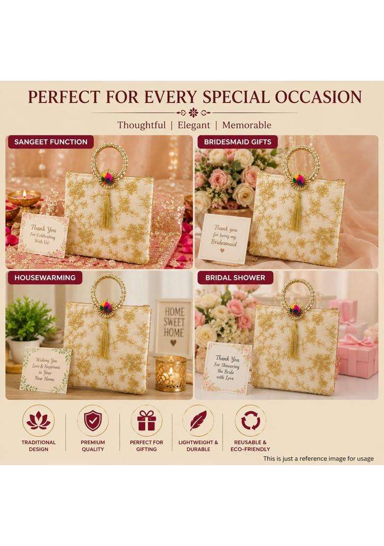 Premium Ethnic Return Gift Bags with Golden Embroidery and Pearl Ring Handles Silk Multicolour Potli Pouch - Indya
