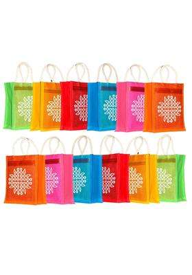 Anumala Jute Bags with Contrast Kolam Print Thamboolam and Jute Bags Wedding Return Gifts Pack of 12