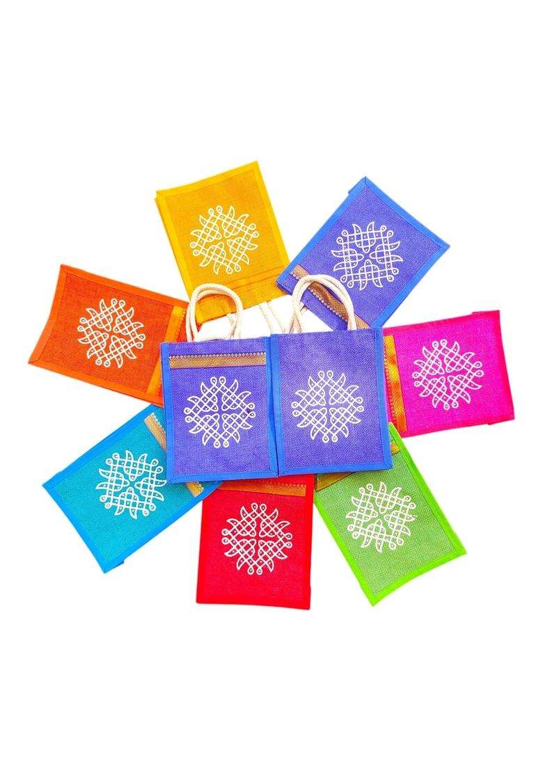 Anumala Jute Bags with Contrast Kolam Print Thamboolam and Jute Bags Wedding Return Gifts Pack of 12 - Indya