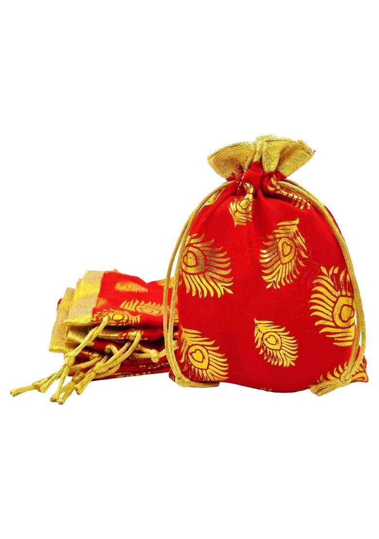 Navira FABS Potli Drawstring Bags Red Feather with Golden Gota Border 18X23 CM for Return Gifts Pack of 20 - Indya