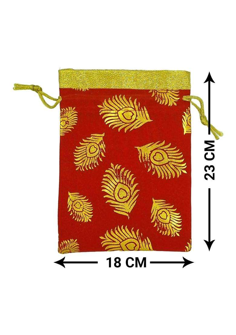Navira FABS Potli Drawstring Bags Red Feather with Golden Gota Border 18X23 CM for Return Gifts Pack of 20 - Indya