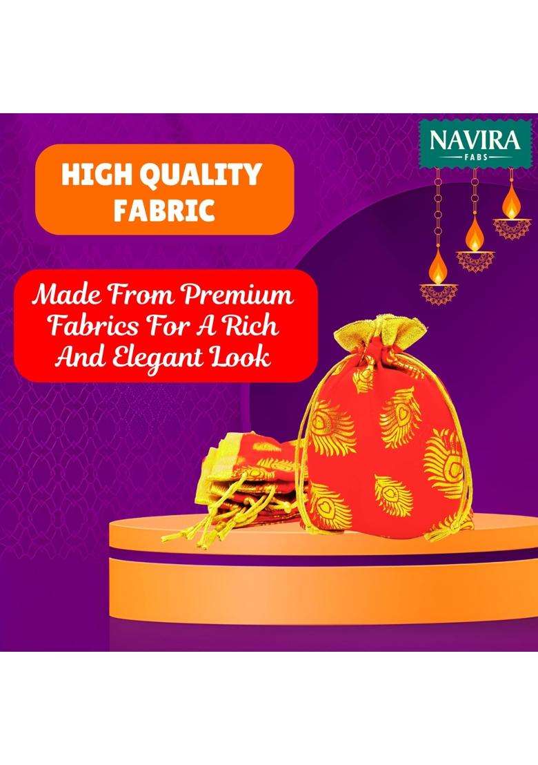 Navira FABS Potli Drawstring Bags Red Feather with Golden Gota Border 18X23 CM for Return Gifts Pack of 20 - Indya
