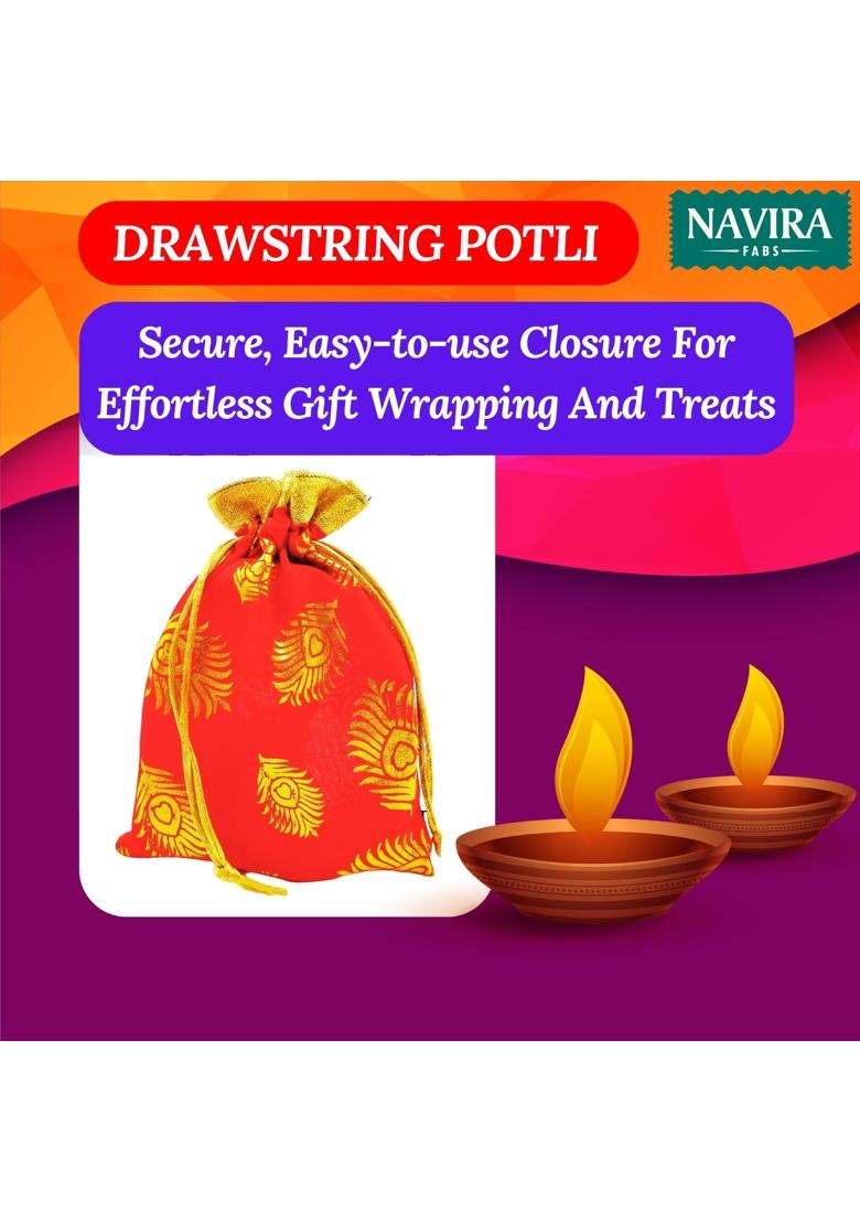 Navira FABS Potli Drawstring Bags Red Feather with Golden Gota Border 18X23 CM for Return Gifts Pack of 20 - Indya