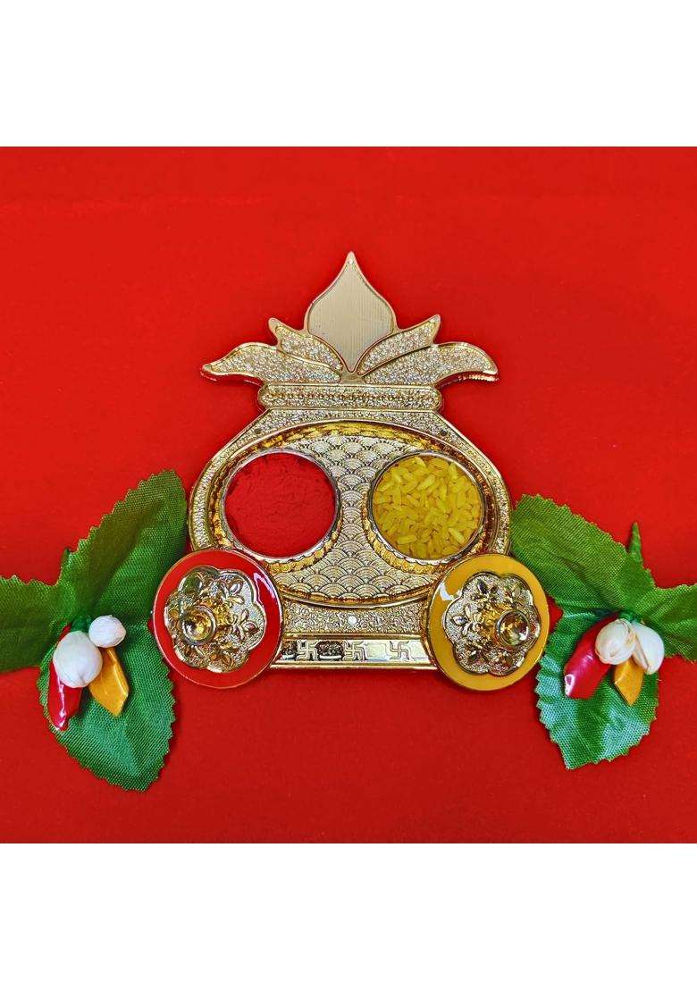 Gold Kalash Shaped Kumkum Holder Box Haldi with Potli Bag Thamboolam Return Gift for Women Diwali Baby Showers - Indya