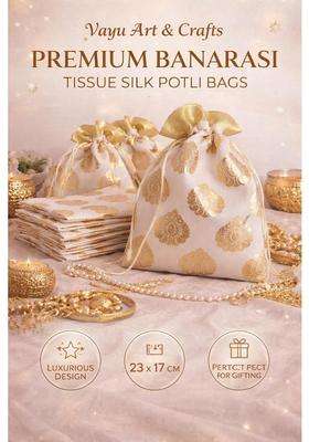 Vayu Art Premium Golden Potli Bags Banarasi Tissue Silk Party Favor Pack of 20