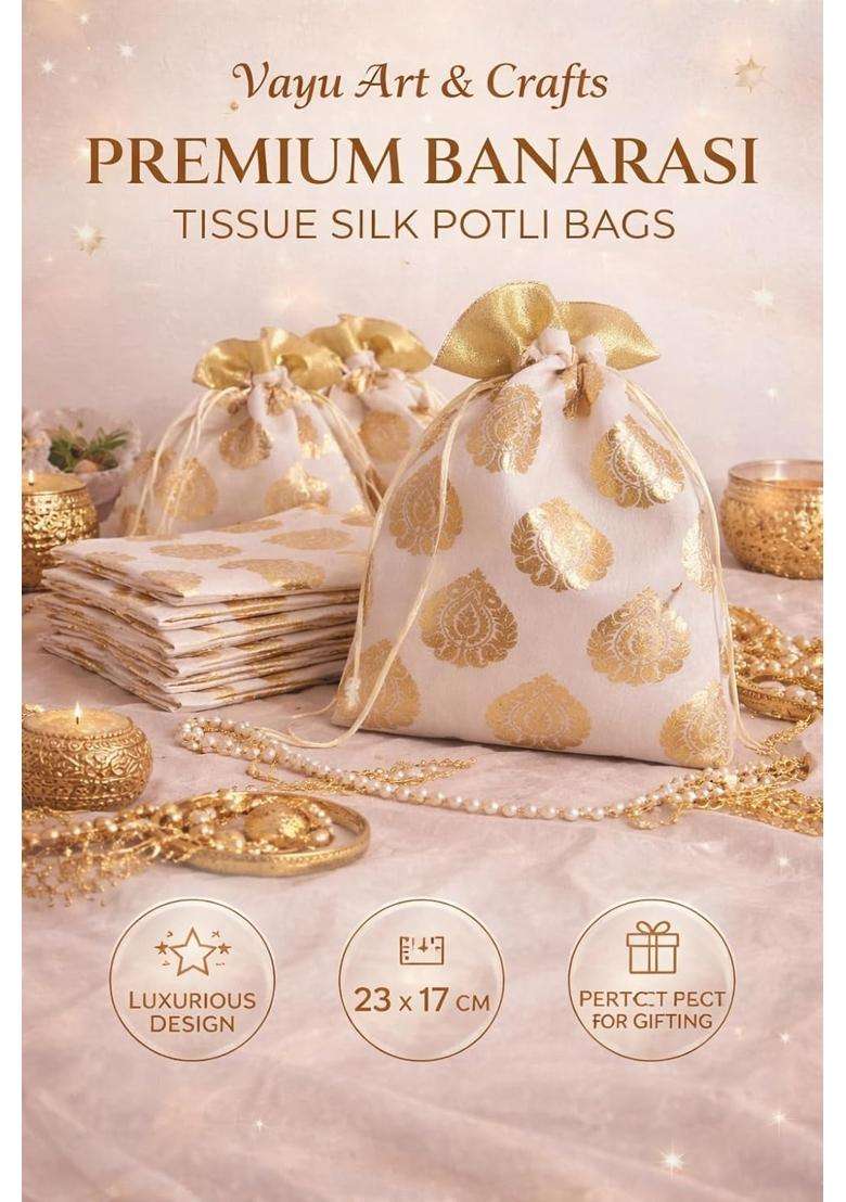 Vayu Art Premium Golden Potli Bags Banarasi Tissue Silk Party Favor Pack of 20 - Indya