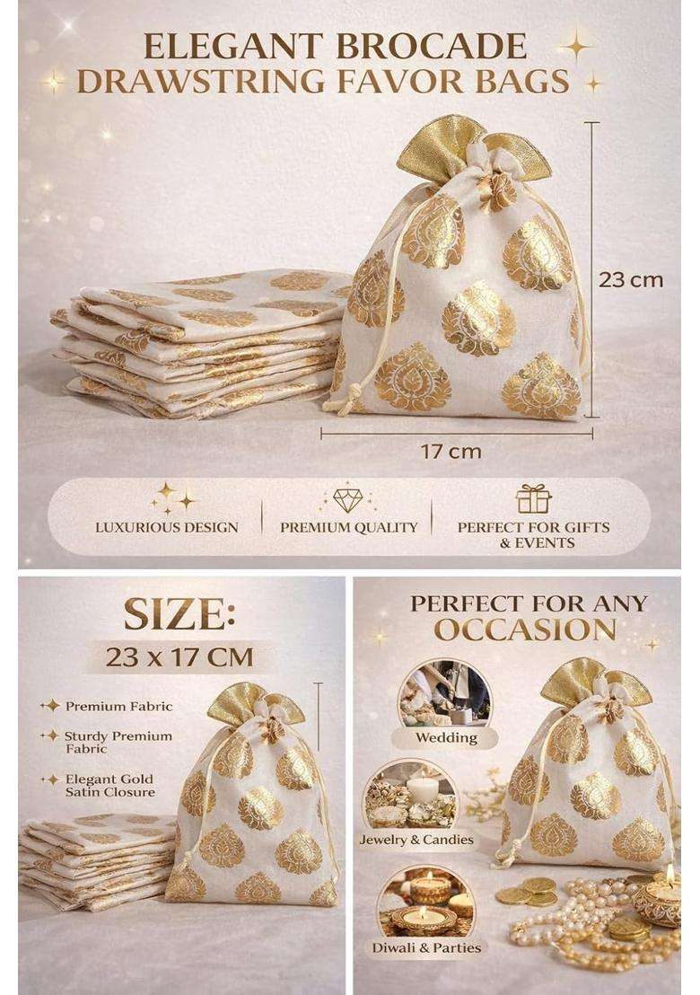 Vayu Art Premium Golden Potli Bags Banarasi Tissue Silk Party Favor Pack of 20 - Indya