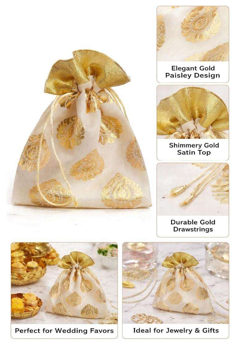 Vayu Art Premium Golden Potli Bags Banarasi Tissue Silk Party Favor Pack of 20 - Indya
