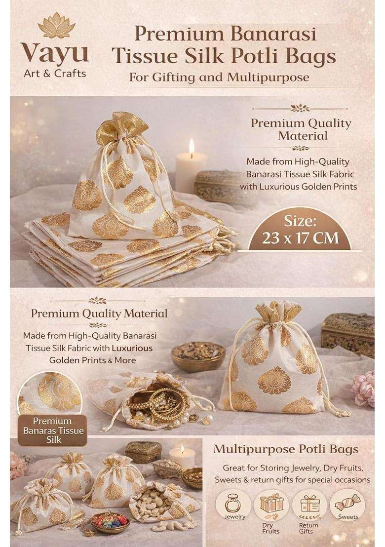 Vayu Art Premium Golden Potli Bags Banarasi Tissue Silk Party Favor Pack of 20 - Indya