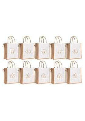 Soman Jute Ecofriendly Return Gift Bags Lotus with Zip White Natural Bags Pack of 10