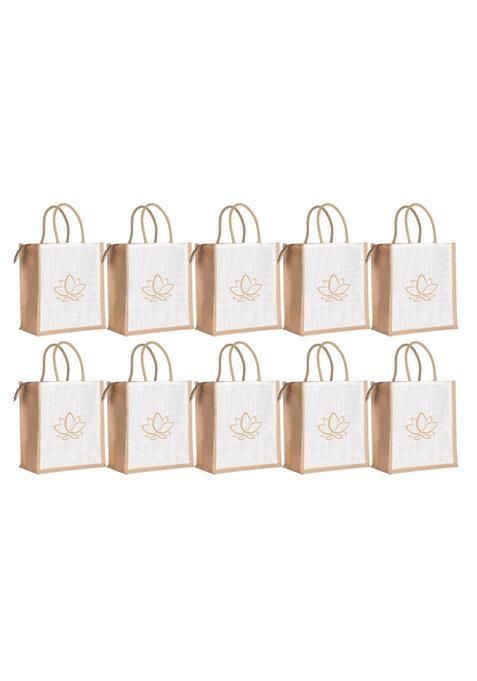 Soman Jute Ecofriendly Return Gift Bags Lotus with Zip White Natural Bags Pack of 10