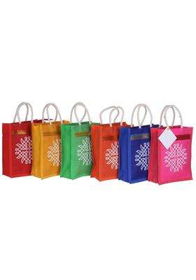 Sainiks Multicolour Access to Quality Jute Bags with Contrast Kolam Print for Return Gifts Pack of 12