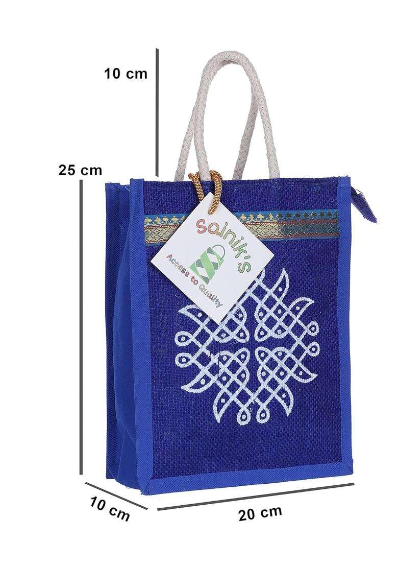 Sainiks Multicolour Access to Quality Jute Bags with Contrast Kolam Print for Return Gifts Pack of 12 - Indya