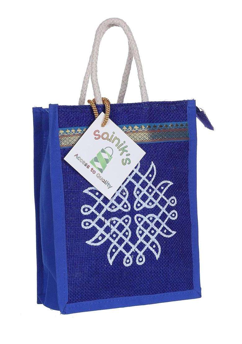 Sainiks Multicolour Access to Quality Jute Bags with Contrast Kolam Print for Return Gifts Pack of 12 - Indya