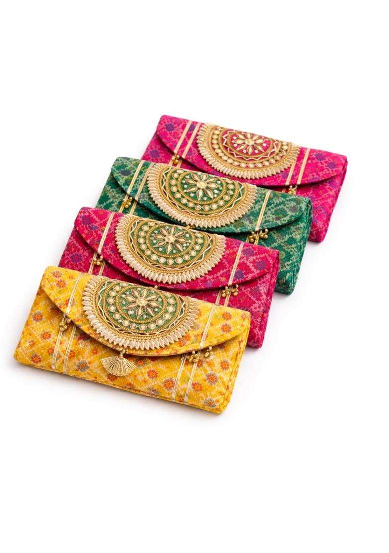 Jaipur Ace Women Ethnic Embroidered Clutch Bag with Golden Handwork and Tassel Pack of 4 - Indya