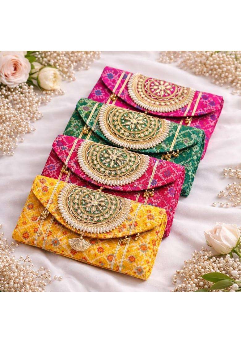 Jaipur Ace Women Ethnic Embroidered Clutch Bag with Golden Handwork and Tassel Pack of 4 - Indya