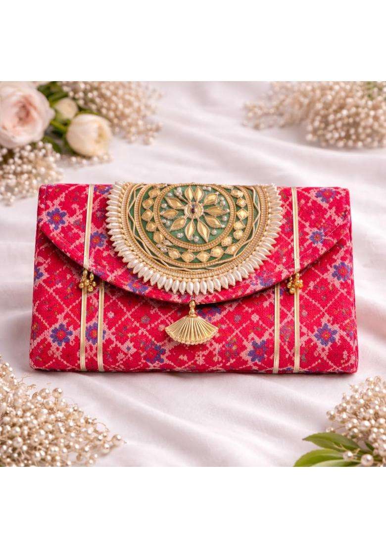 Jaipur Ace Women Ethnic Embroidered Clutch Bag with Golden Handwork and Tassel Pack of 4 - Indya
