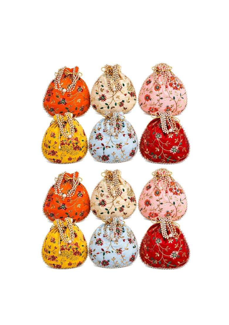 Match Made Embroidery Wedding Return Gift for Women Silk Batwa Bag Bridal Traveling Potli Bag with Zipper - Indya