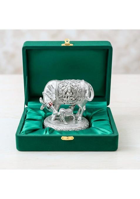 Dev Aastha 999 Pure Silver Plated Kamdhenu Cow Idol 2 and Half Inch Vastu Home Decor for Pooja Room and Mandir