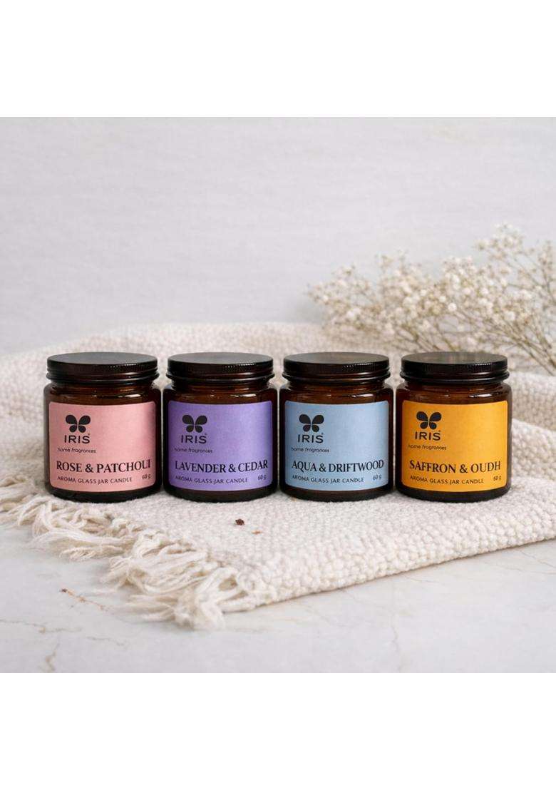 IRIS Multicolour Aroma Glass Jar Candle Scented Candles Gift Pack Set of 4 - Indya