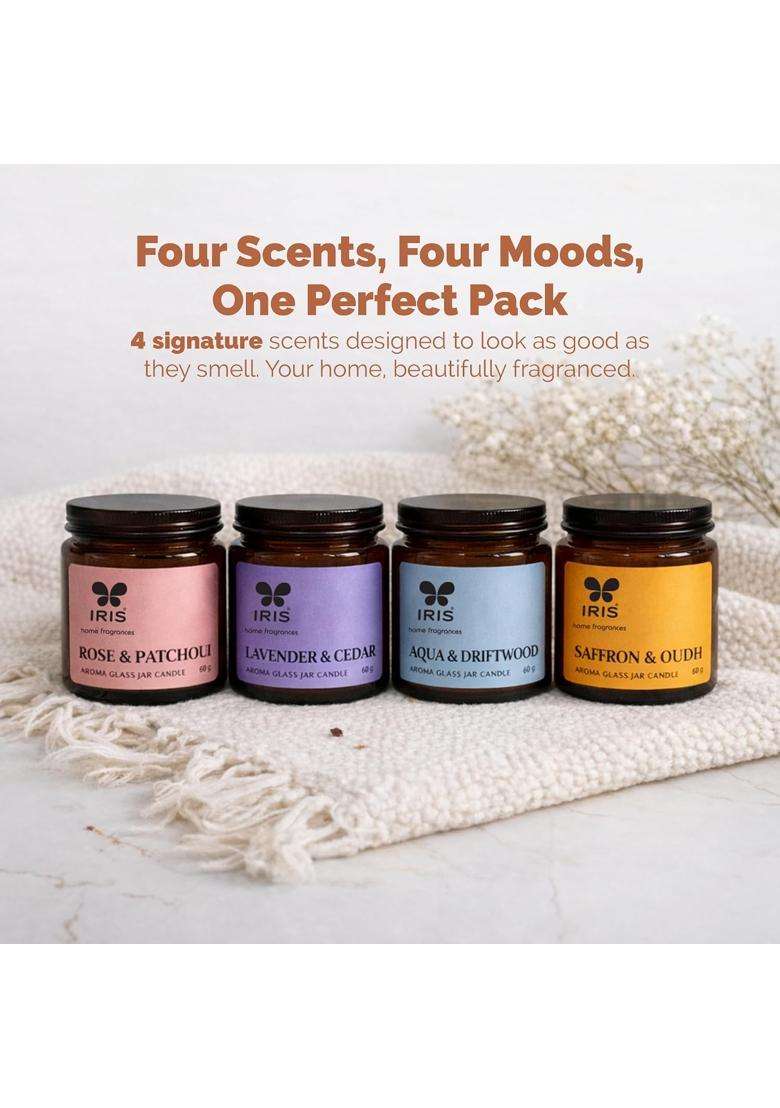IRIS Multicolour Aroma Glass Jar Candle Scented Candles Gift Pack Set of 4 - Indya