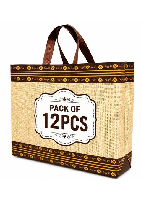 Reusable Non Woven Printed Bags with Handles Jute Style Print Multipurpose Tote Bags for Shopping Pack of 12
