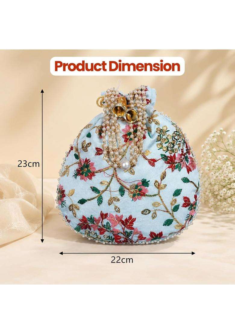 Match Made Embroidery Wedding Return Gift for Women Silk Batwa Bag Bridal Traveling Potli Bag with Zipper - Indya