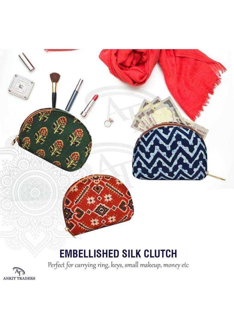 AT Ankit Traders Embelished Decorative Silk Clutch Curve Shaped Potli Bag with for Women with Zipper - Indya