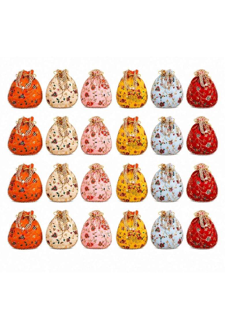 Match Made Embroidery Wedding Return Gift for Women Silk Batwa Bag Bridal Traveling Potli Bag with Zipper - Indya