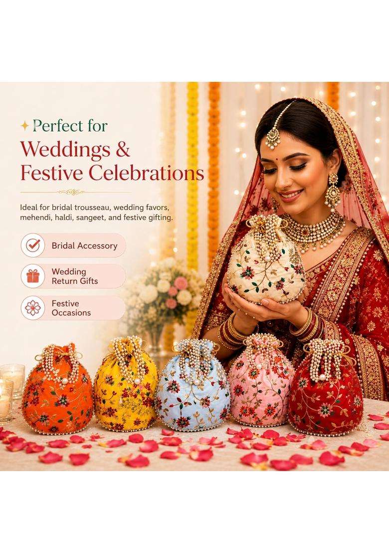 Match Made Embroidery Wedding Return Gift for Women Silk Batwa Bag Bridal Traveling Potli Bag with Zipper - Indya