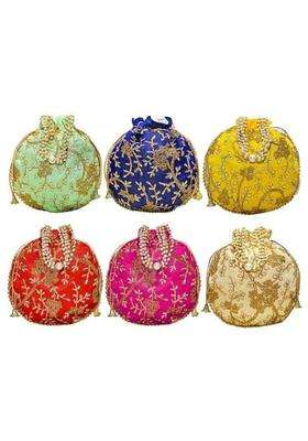 AT Traders Embroidered Potli Bag Floral Design Moti Handle Batwa Bag Pack of 6