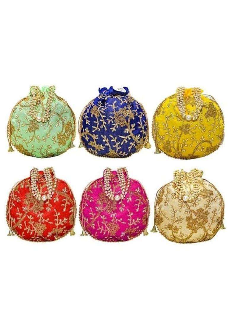 AT Traders Embroidered Potli Bag Floral Design Moti Handle Batwa Bag Pack of 6 - Indya
