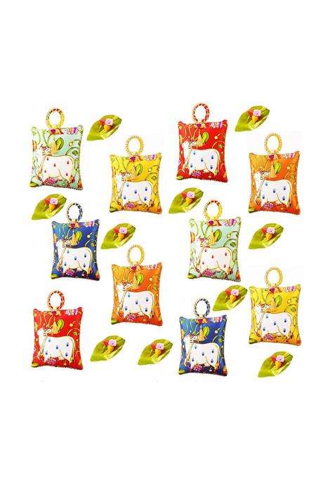 Tavasya Traditional Potli Gift Bags with Zip and Bangle Handle with Leaf and Haldi Kumkum Pouches Pack of 10