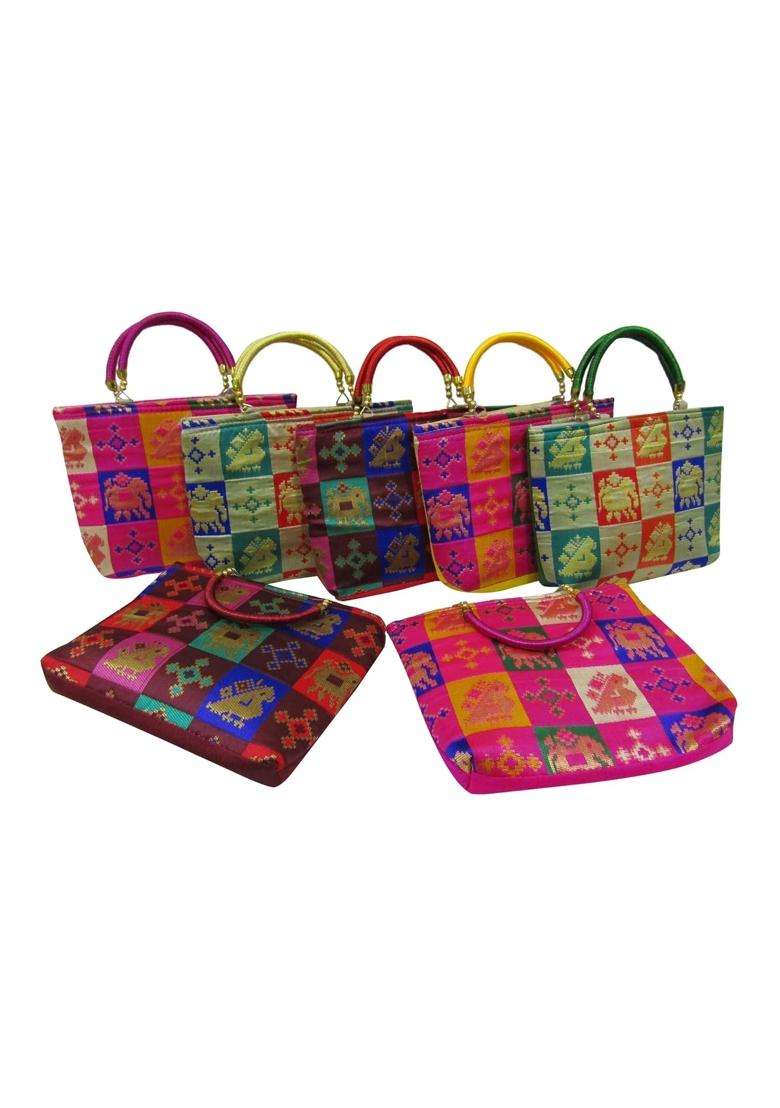 Purple Pink Ethnic Patola Purses for Wedding Return Gift Women Wholesale Bridal Giveaways Potli Bag - Indya