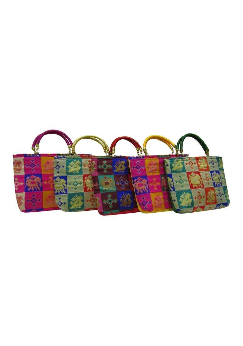 Purple Pink Ethnic Patola Purses for Wedding Return Gift Women Wholesale Bridal Giveaways Potli Bag - Indya